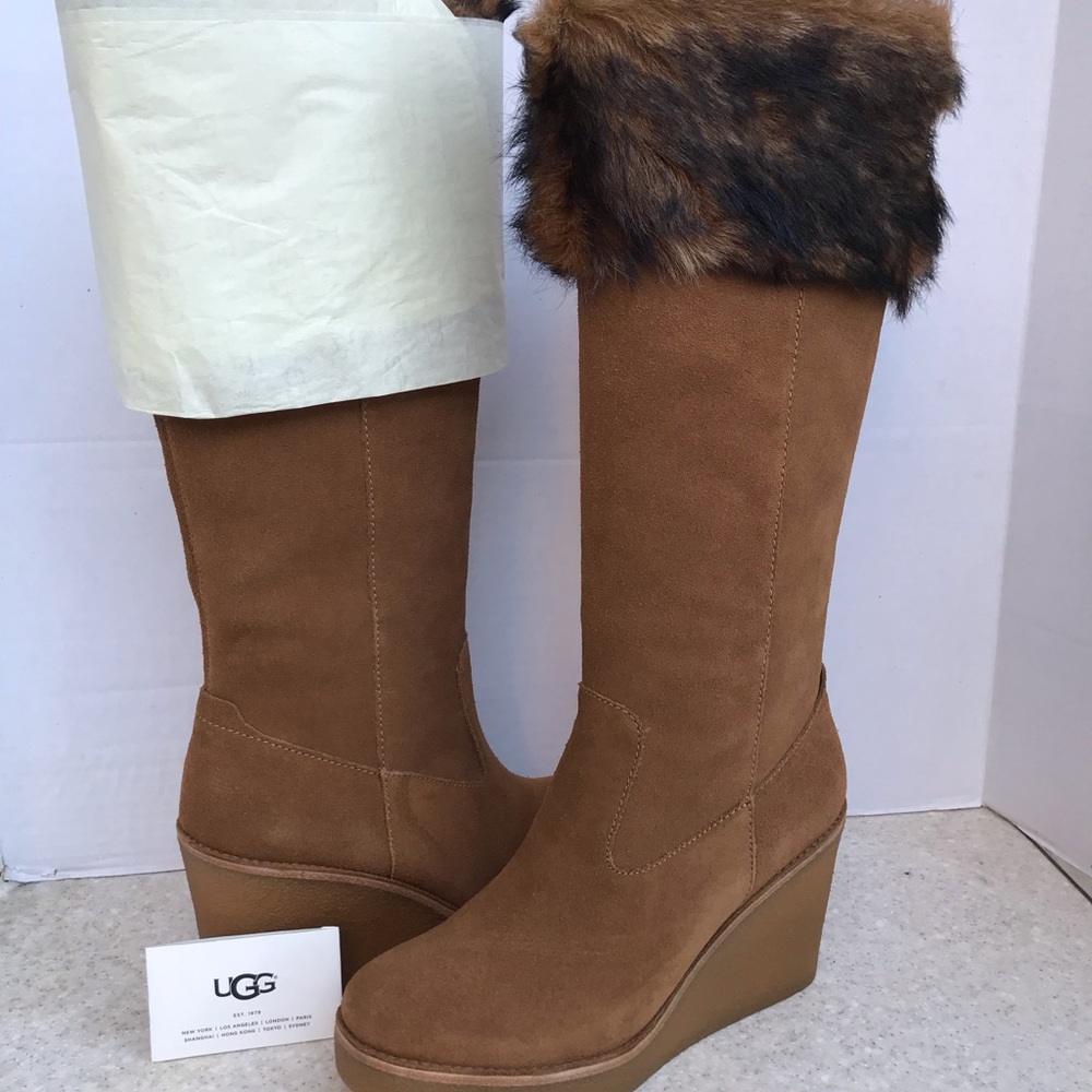 UGG Tall knee high classy Fur Cuff Wedge Winter boots chestnut NIB size 10